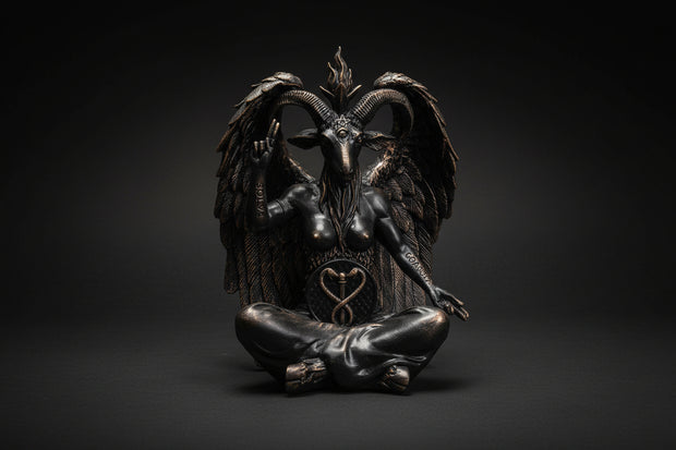 Bronze statue of a winged creature with a heart symbol on a white background