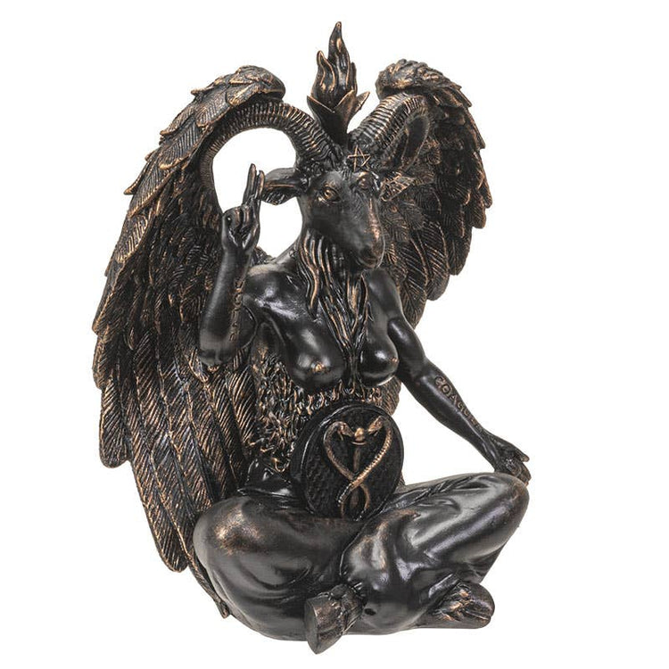 Statue of a winged creature with a black and bronze finish on a white background