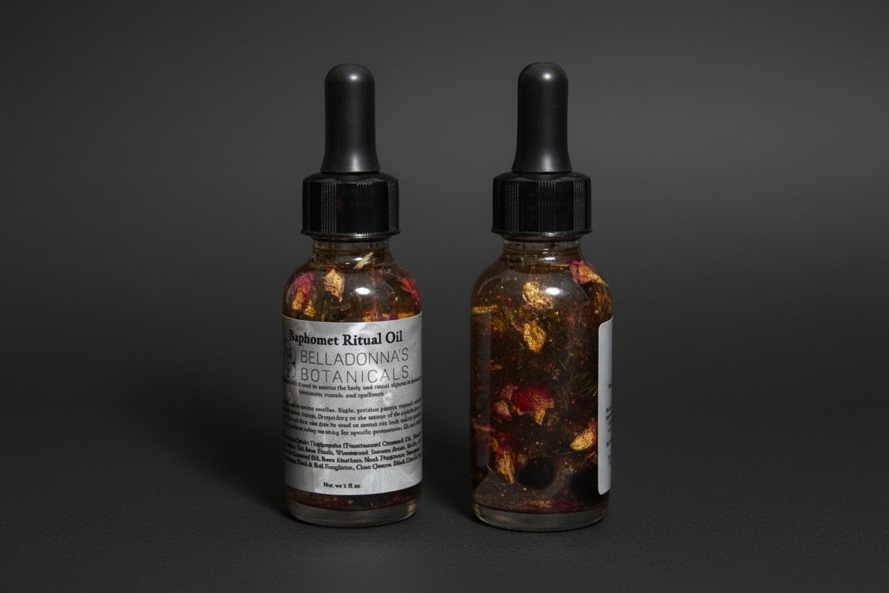 A bottle with Baphomet Ritual Oil on a dark background.