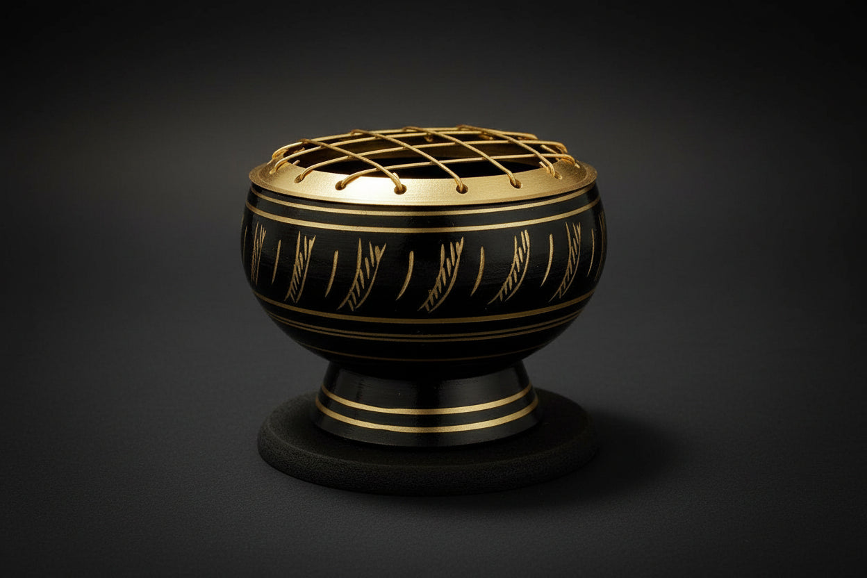 Black Brass Incense Burner – Feather Engraved Resin & Charcoal Burner