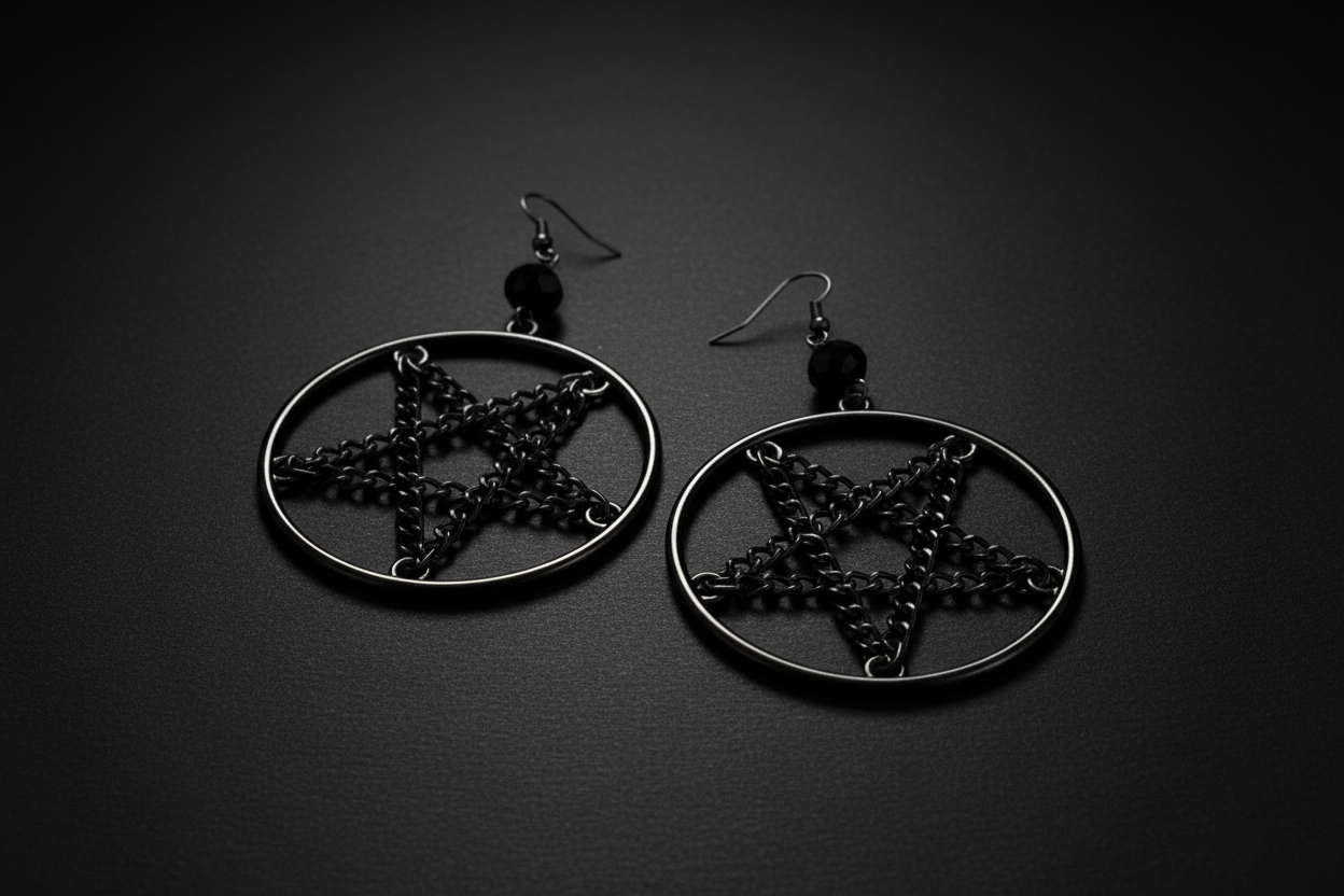Black pentagram earrings on a white background