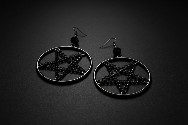 Black chain pentagram earrings with dangling pentagram charm