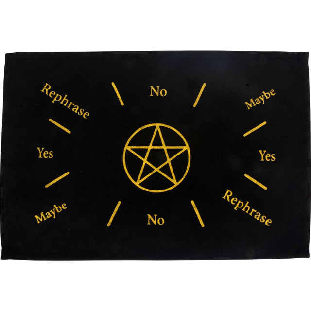 Black cloth with yellow pentacle symbol and decision-making text on a white background