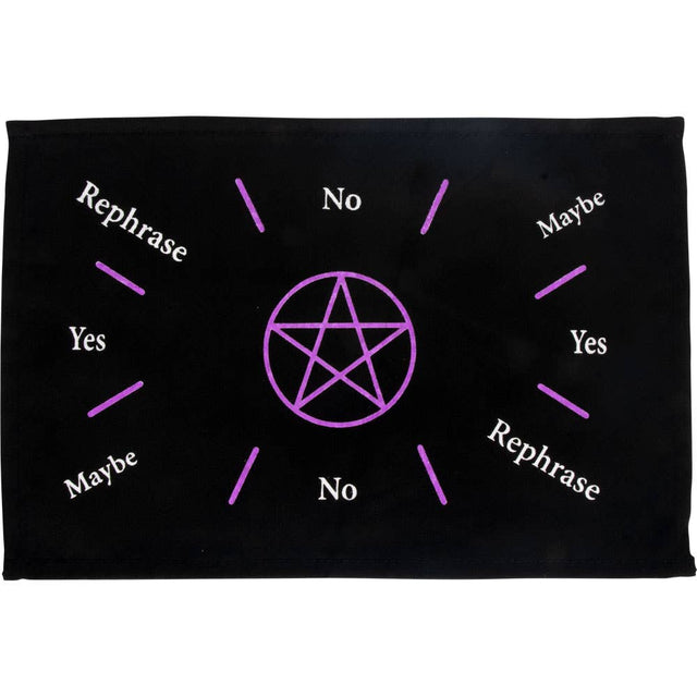 Black towel with purple pentagram and decision-making text on a white background