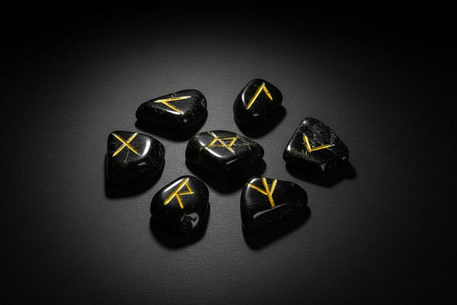 Set of black dice with yellow symbols on a white background