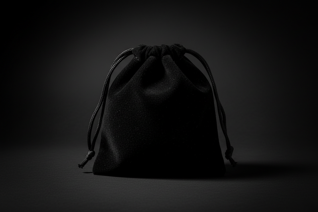 Black velvet drawstring pouch on a white background