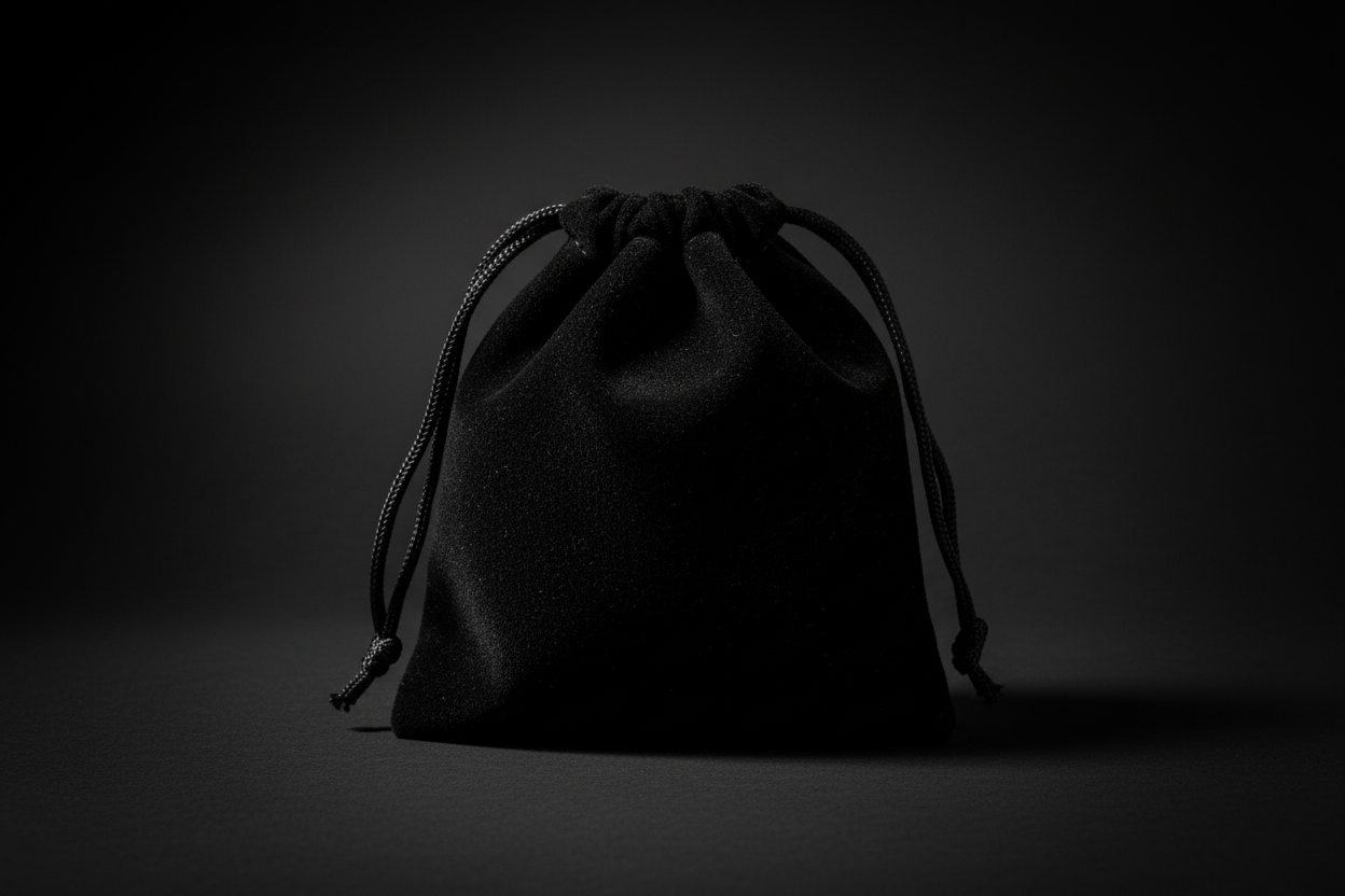 Black velvet drawstring pouch on a white background