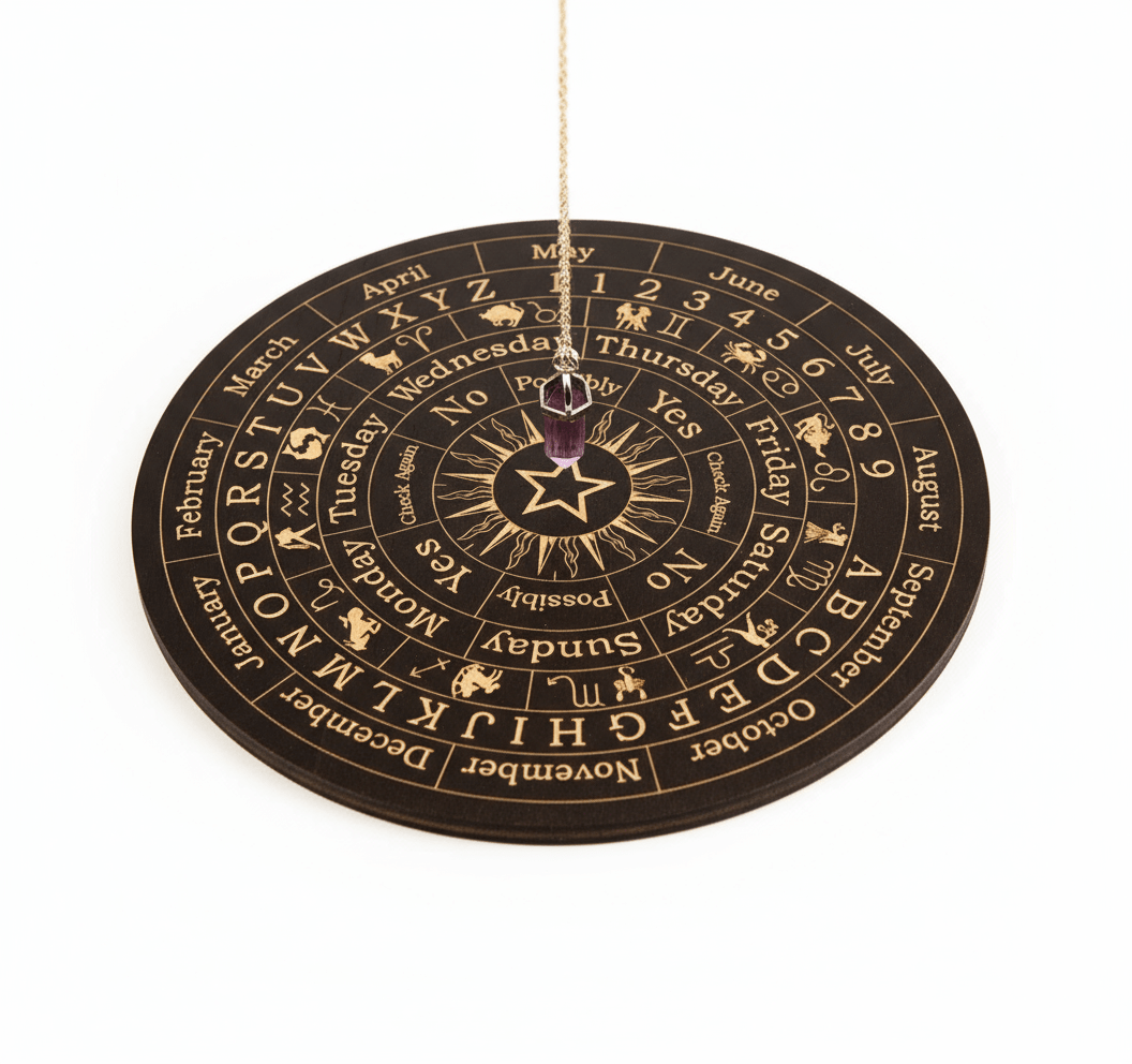 Decorative circular object with astrological symbols and text on a white background