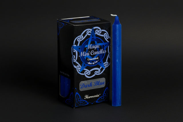 Box of dark blue mini candles with a single candle displayed on a white background