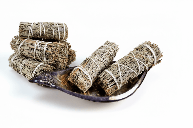 blue sage on a silver tray on a white background.