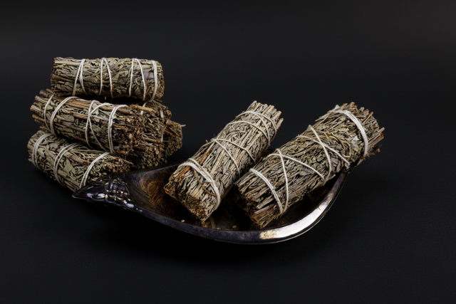 blue sage on a silver tray on a white background.