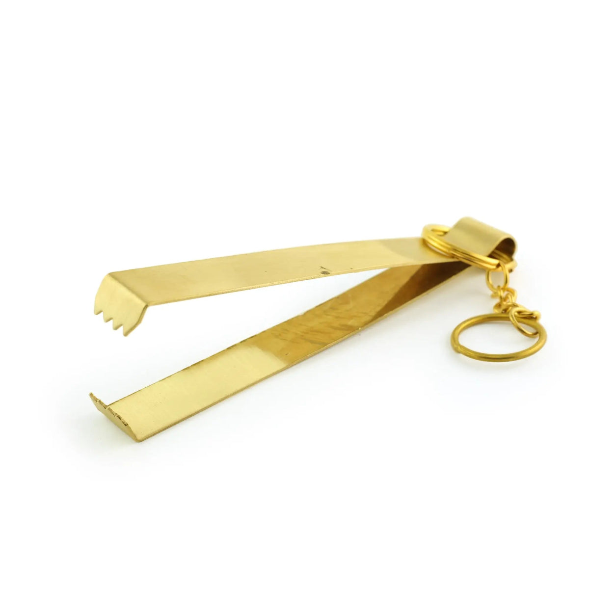 Brass charcoal tongs shown from an alternate angle