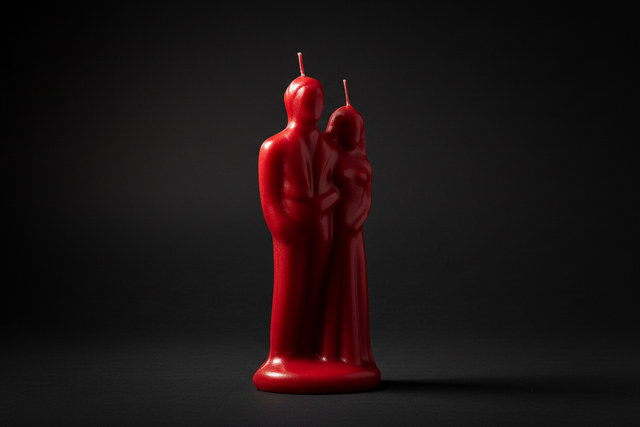 Red candle shaped like a couple on a white background
