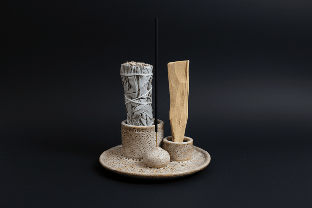 Set of natural cleaning tools on a textured round stand with a white background