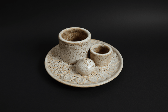 Ceramic incense holder with three cylindrical compartments on a white background