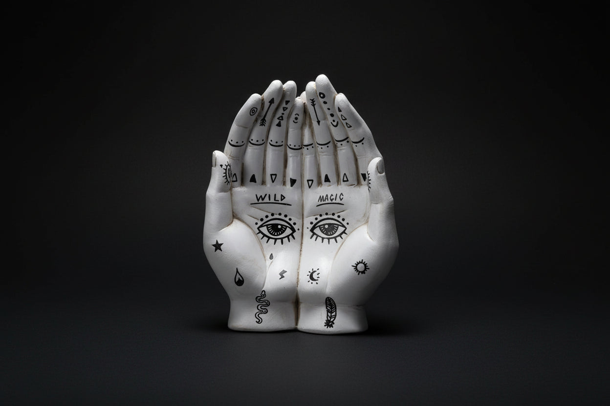 Palmistry hands tray made of cold cast resin with symbolic markings used as a ritual catch dish for altar items.