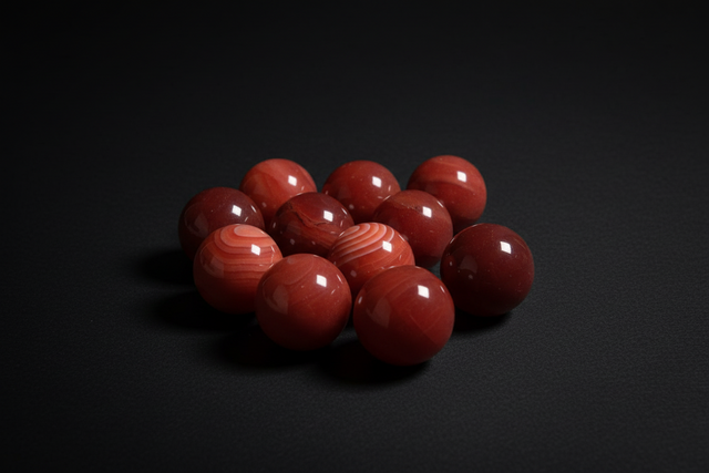 Red beads on a wooden surface