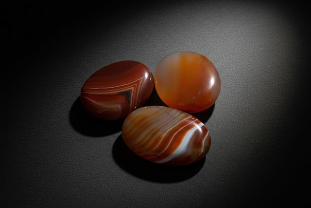 Three marbled agate stones held in a hand against a neutral background