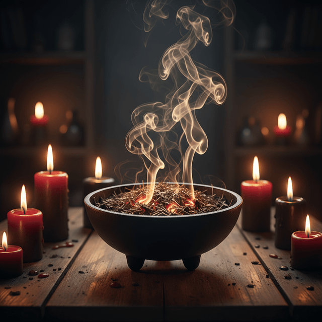 Smoldering bowl with smoke and red candles on a wooden surface