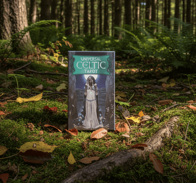 Universal Celtic Tarot card box in a forest setting