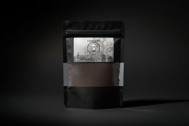 Cememtery Dirt Dark brown powder in a labeled packaging on a patterned surface