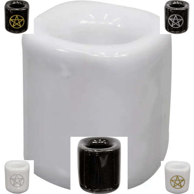 a selection of chime candle holders, some plain some with pentacles