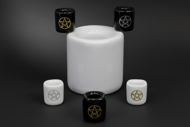 a selection of chime candle holders, some plain some with pentacles
