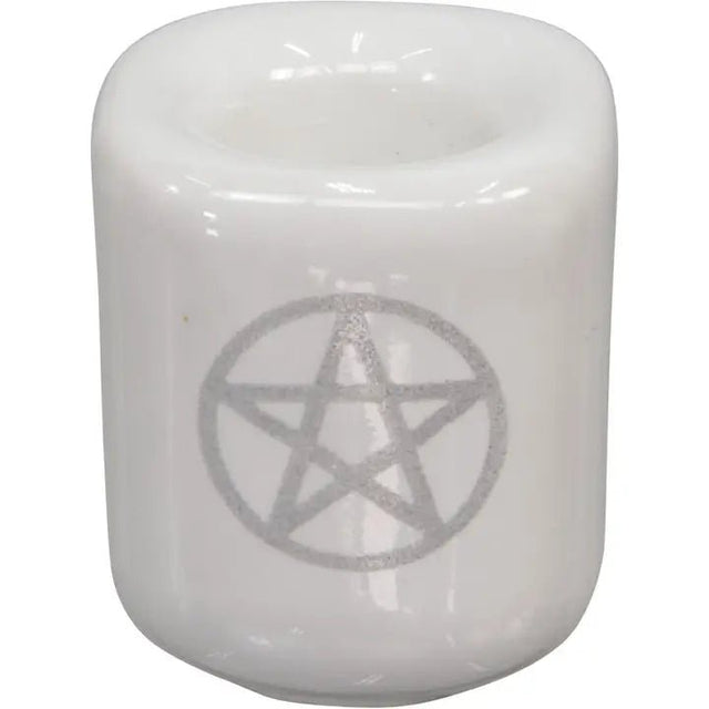 white ceramic chime candle holder with silver pentacle