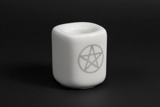 white ceramic chime candle holder with silver pentacle