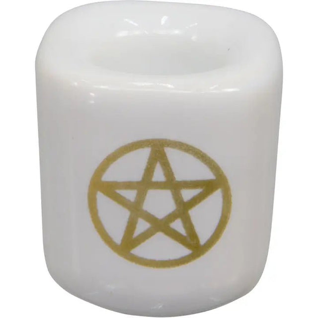 white ceramic candle holder with gold pentacle for chime candles