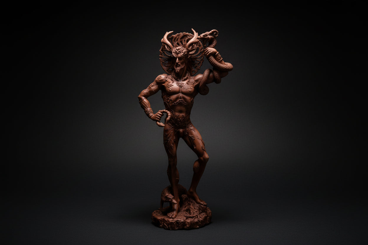 Brown figurine of a muscular man with horns on a white background