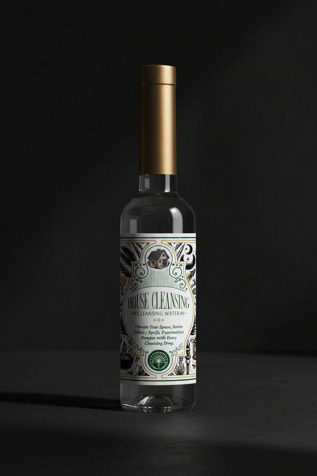 Two bottles of 'House Cleansing' cleansing water with decorative labels on a black background.