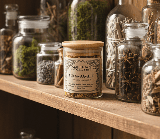 Collection of glass jars with herbs and a container labeled 'American Herbalist Chamomile' on a wooden shelf.