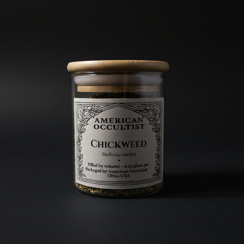 Organic dried chickweed herb (Stellaria media) in a labeled glass ritual herb jar