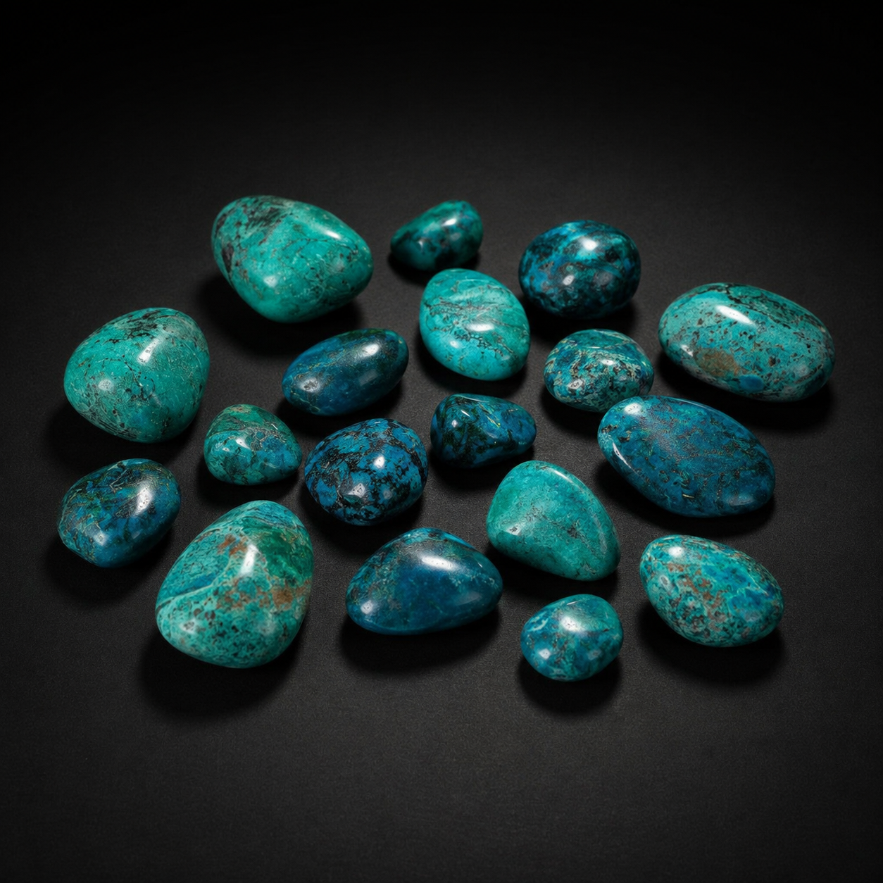 Assortment of polished blue-green Chrysocolla tumbled stones with dark and brown matrix on black
