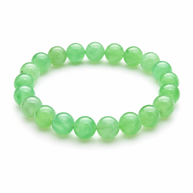Chrysoprase beaded stretch bracelet with polished green gemstone beads on a white background