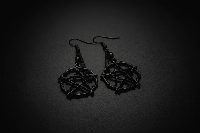 Black pentagram earrings on a black background.