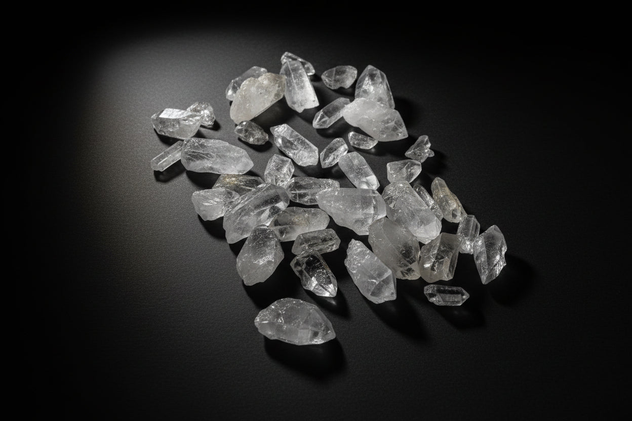 Clear crystal stones on a wooden surface with a ruler for scale.