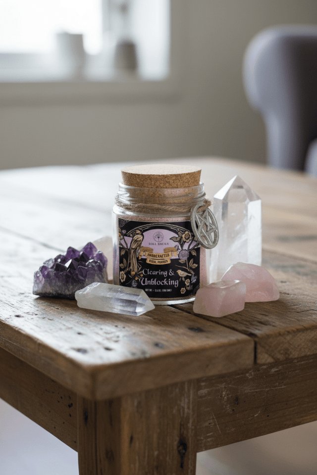 Jar of ritual powder Clearing and unblocking on a table with some crystals