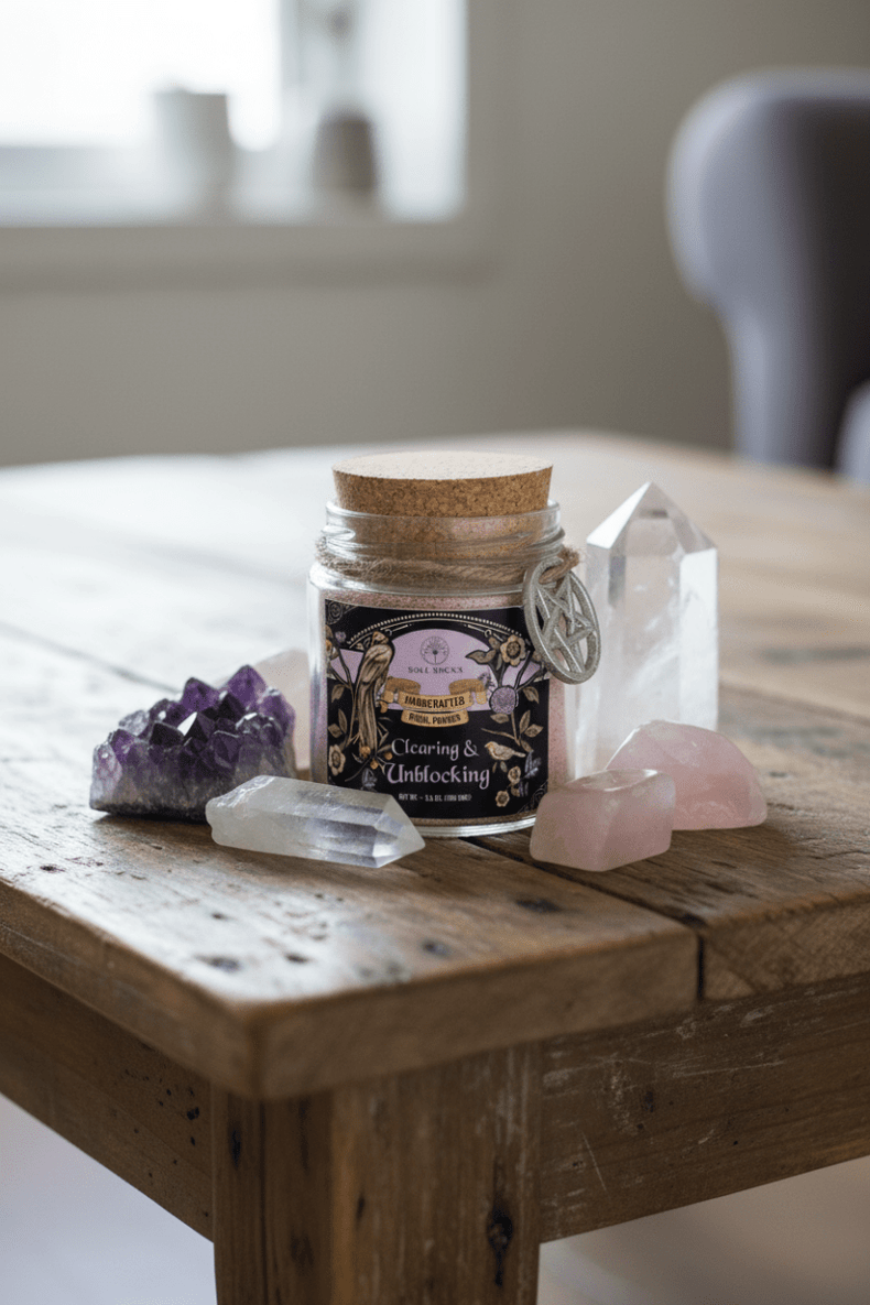 Jar of ritual powder Clearing and unblocking on a table with some crystals