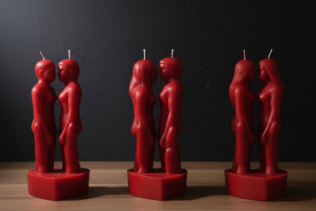 Row of candles shaped like people with 'Mystical Mysti Candles' branding on a dark background.