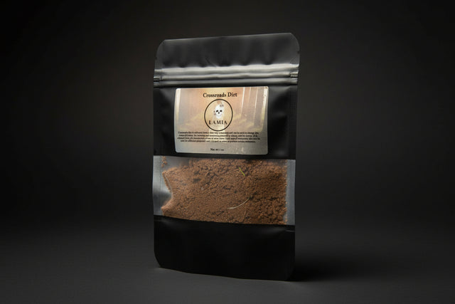 Black coffee bag labeled 'Crossroads Dirt' by LAMIA next to a decorative skull.