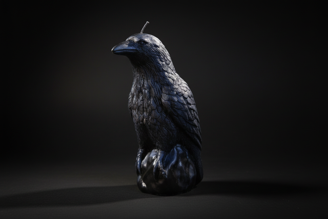 Four views of a metallic bird figurine on a black background