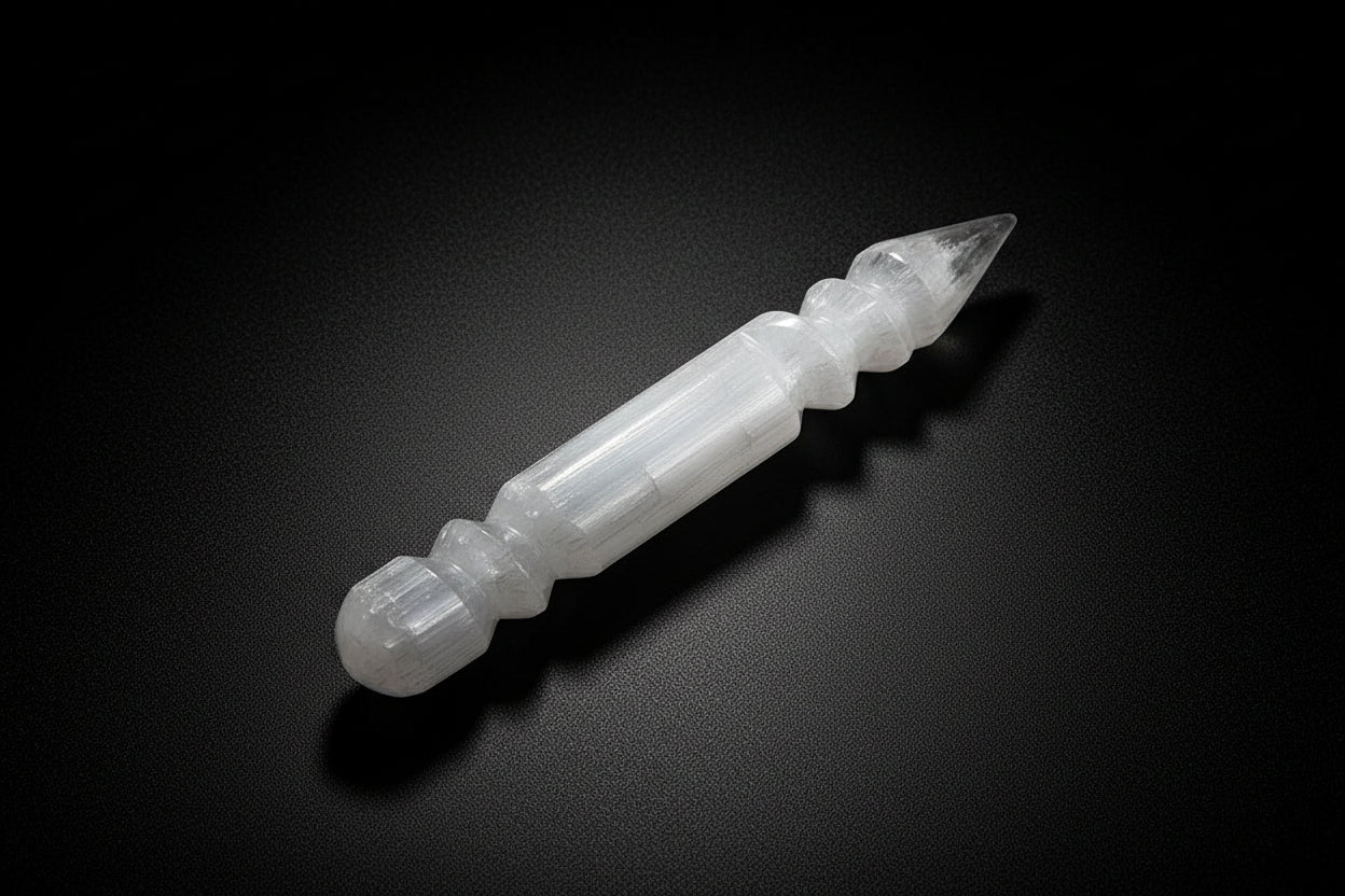 Curved white satin spar gypsum wand commonly sold as selenite