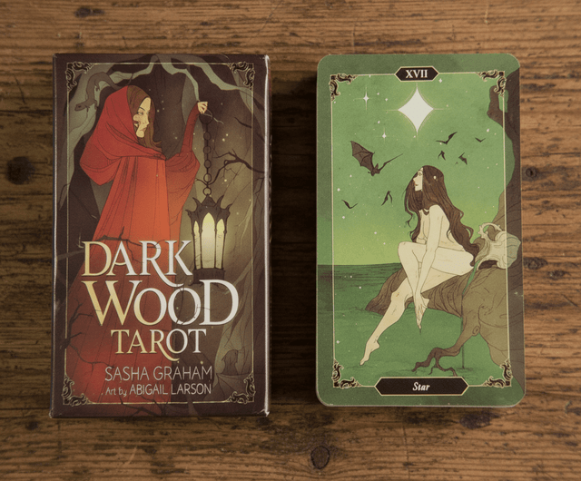 Dark Wood Tarot book and a tarot card on a wooden surface