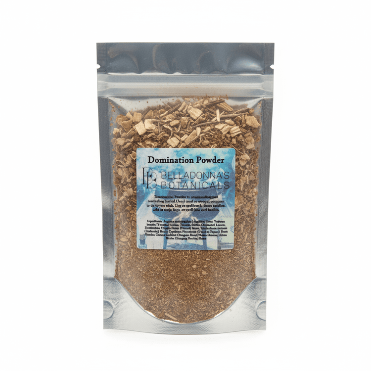 Packaged powder labeled 'Domination Powder' by Belladonna's Botanicals on a dark surface.