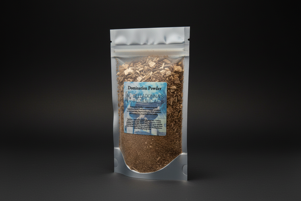Packaged powder labeled 'Domination Powder' by Belladonna's Botanicals on a dark surface.