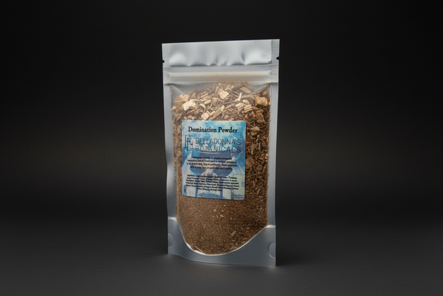 Packaged powder labeled 'Domination Powder' by Belladonna's Botanicals on a dark surface.