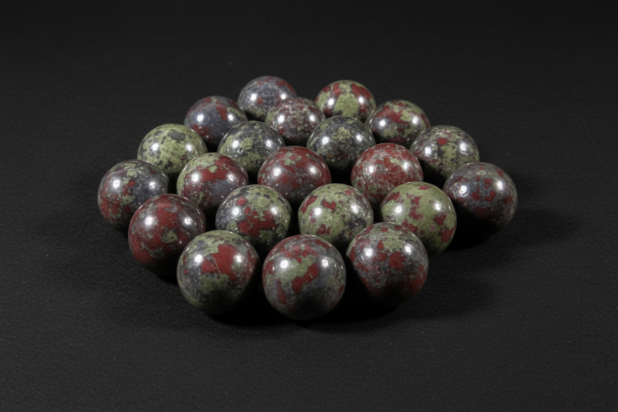 Representative polished green-and-red Dragon Stone sphere from an 18–22 mm supplier assortment; pattern, polish, and exact size vary