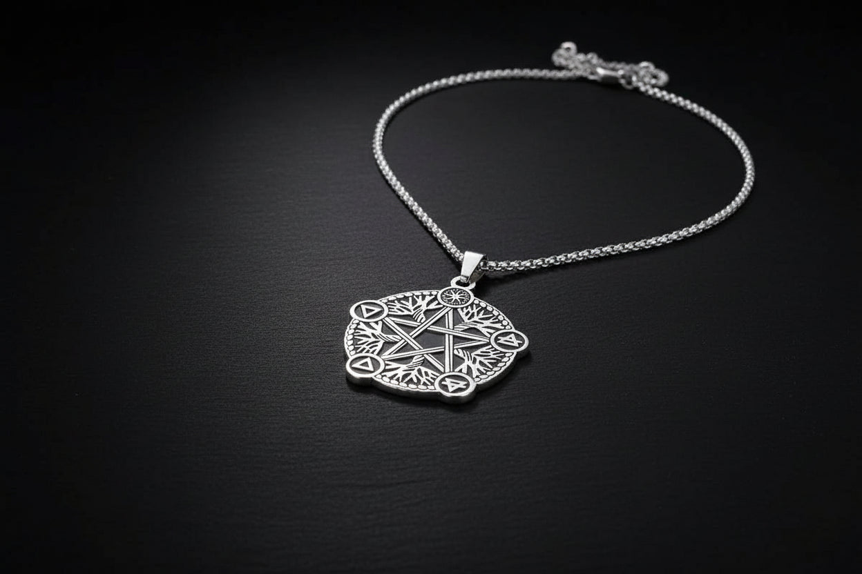 Silver pentagram pendant necklace on a black background